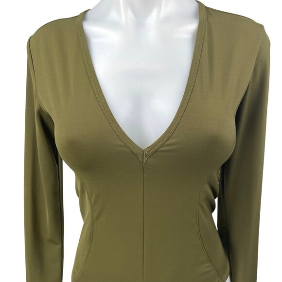 Free People Intimately Women Green Long Sleeve Deep V Thong Bodysuit Top Size S - Picture 3 of 5